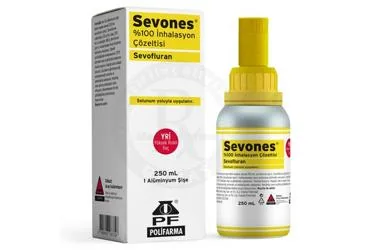 SEVONES %100 INHALASYON COZELTISI (250 ML) (sevoflurane) kutu fotoğrafı, inhalasyon aerosolü. Üretici: POLİFARMA İLAÇ SAN. VE TİC. A.Ş.