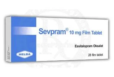 Essitalopram içeren film kaplı tablet: SEVPRAM 10 MG 28 FILM TABLET kutu fotoğrafı. Üretici: HELBA İLAÇ İÇ VE DIŞ SANAYİ TİCARET ANONİM ŞİRKETİ.
