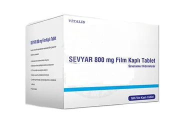 SEVYAR 800 MG 180 FILM KAPLI TABLET ambalajı. Sevelamer hidroklorür içeren film kaplı tablet. Üretici: CELTİS İLAÇ SANAYİ VE TİCARET ANONİM ŞİRKETİ.