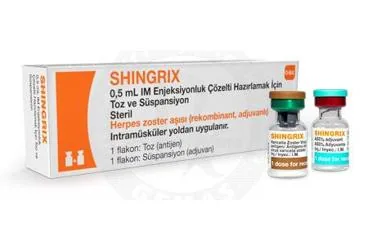 Suçiçeği aşısı içeren süspansiyon: SHINGRIX 0,5 ML IM ENJEKSIYONLUK COZELTI HAZIRLAMAK ICIN TOZ VE SUSPANSIYON (1 ADET) ürün ambalajı. Üretici: GLAXOSMİTHKLİNE İLAÇLARI SAN. VE TİC. A.Ş.