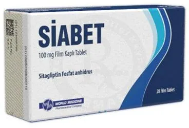 Sitagliptin fosfat monohidrat içeren film kaplı tablet: SIABET 100 MG FILM KAPLI TABLET (28 ADET) ambalajı. Üretici: WORLD MEDICINE İLAÇ SAN. VE TİC. A.Ş.
