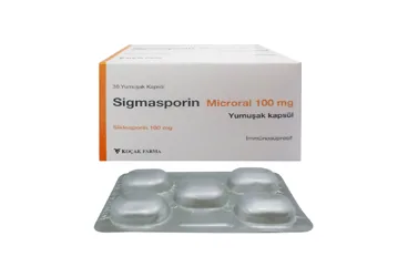 SIGMASPORIN MICRORAL 100 MG 30 YUMUSAK KAPSUL kutusu. Siklosporin içeren yumuşak kapsül. Üretici: KOÇAK FARMA İLAÇ VE KİMYA SANAYİ A.Ş.