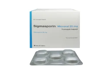 SIGMASPORIN MICRORAL 25 MG 50 YUMUSAK KAPSUL (siklosporin) kutu fotoğrafı, yumuşak kapsül. Üretici: KOÇAK FARMA İLAÇ VE KİMYA SANAYİ A.Ş.