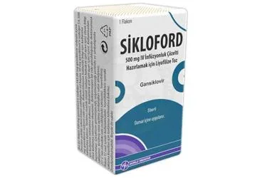 Gansiklovir içeren çözelti: SIKLOFORD 500 MG I.V. INFUZYONLUK COZELTI HAZIRLAMAK ICIN LIYOFILIZE TOZ ürün ambalajı. Üretici: WORLD MEDICINE İLAÇLARI LTD. ŞTİ.