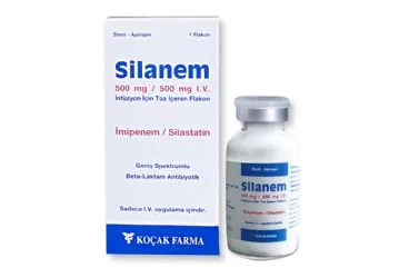 SILANEM 500/500 MG IV INF. ICIN TOZ ICEREN FLAKON (imipenem + silastatin sodyum) ürün ambalajı, flakon. Üretici: KOÇAK FARMA İLAÇ VE KİMYA SANAYİ A.Ş.