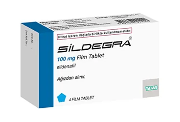 SILDEGRA 100 MG 4 FILM TABLET ambalajı. Sildenafil sitrat içeren film kaplı tablet. Üretici: TEVA İLAÇLARI SANAYİ VE TİCARET A.Ş.
