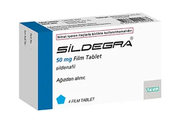 Sildenafil sitrat içeren film kaplı tablet: SILDEGRA 50 MG 4 FILM TABLET ürün ambalajı. Üretici: TEVA İLAÇLARI SANAYİ VE TİCARET A.Ş.