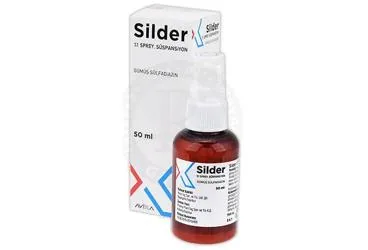 Gümüş sülfadiazin içeren sprey: SILDER %1 50 ML SPREY ambalajı. Üretici: AVİXA İLAÇ SANAYİ VE TİCARET ANONİM ŞİRKETİ.