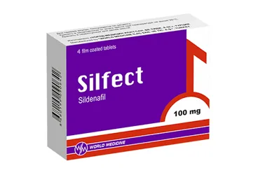 Sildenafil sitrat içeren film kaplı tablet: SILFECT 100 MG FILM KAPLI TABLET (4 TABLET) ambalajı. Üretici: WORLD MEDICINE İLAÇ SAN. VE TİC. A.Ş.