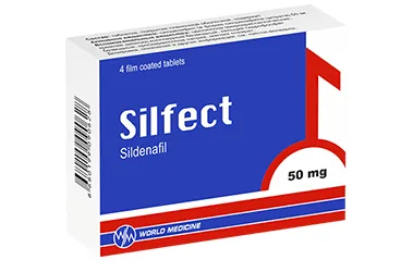 Sildenafil sitrat içeren film kaplı tablet: SILFECT 50 MG FILM KAPLI TABLET (4 TABLET) kutu fotoğrafı. Üretici: WORLD MEDICINE İLAÇ SAN. VE TİC. A.Ş.