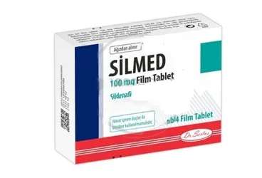 Sildenafil sitrat içeren film kaplı tablet: SILMED 100 MG FILM KAPLI TABLET (4 TABLET) kutusu. Üretici: DR. SERTUS İLAÇ SAN. VE TİC. LTD. ŞTİ.