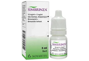 SIMBRINZA 10 MG/ML + 2 MG/ML GOZ DAMLASI, SUSPANSIYON (5 ML) kutu fotoğrafı, süspansiyon formunda brinzolamid kombinasyon içerir. Üretici: NOVARTİS SAĞLIK GIDA VE TARIM ÜRÜNLERİ SANAYİ VE TİCARET ANONİM ŞİRKETİ.