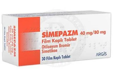 Otilonyum bromür + simetikon içeren film kaplı tablet: SIMEPAZM 40 MG/80 MG FILM KAPLI TABLET (30 TABLET) ürün ambalajı. Üretici: ARGİS İLAÇ SANAYİ VE TİCARET ANONİM ŞİRKETİ.