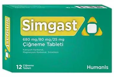 SIMGAST 680 MG/80 MG/25 MG CIGNEME TABLETI (12 TABLET) kutusu, çiğneme tableti formunda antiasit kombinasyonlar içerir. Üretici: HUMANİS SAĞLIK ANONİM ŞİRKETİ.