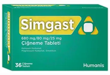SIMGAST 680 MG/80 MG/25 MG CIGNEME TABLETI (36 ADET (antiasit kombinasyonlar) kutu fotoğrafı, çiğneme tableti. Üretici: HUMANİS SAĞLIK ANONİM ŞİRKETİ.