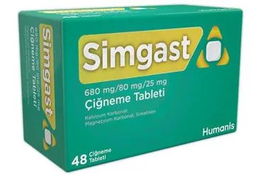 Antiasit kombinasyonlar içeren çiğneme tableti: SIMGAST 680 MG/80 MG/25 MG CIGNEME TABLETI (48 TABLET) kutu fotoğrafı. Üretici: HUMANİS SAĞLIK ANONİM ŞİRKETİ.