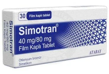 SIMOTRAN 40MG/80MG FILM KAPLI TABLET 30 TABLET kutusu, film kaplı tablet formunda otilonyum bromür + simetikon içerir. Üretici: ATABAY KİMYA SANAYİ VE TİC. A.Ş.
