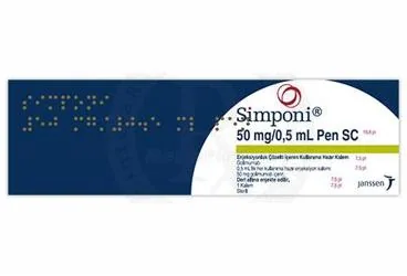 Golimumab içeren SIMPONI 50 MG ENJ. COZ.ICEREN KUL. HAZIR 1 KALEM ambalajı. Üretici: MERCK SHARP DOHME İLAÇLARI LTD. ŞTİ.