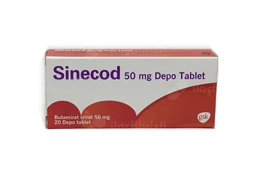 Butamirat sitrat içeren tablet: SINECOD DEPO 50 MG 10 TABLET ürün ambalajı. Üretici: HALEON TÜKETİCİ SAĞLIĞI ANONİM ŞİRKETİ.