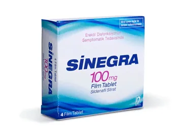 SINEGRA 100 MG 4 FILM TABLET ambalajı. Sildenafil sitrat içeren film kaplı tablet. Üretici: NOBEL İLAÇ SAN. VE TİC. A.Ş.