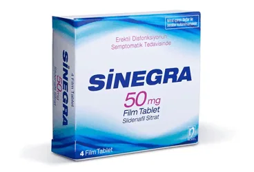 SINEGRA 50 MG 4 FILM TABLET (sildenafil sitrat) kutusu, film kaplı tablet. Üretici: NOBEL İLAÇ SAN. VE TİC. A.Ş.
