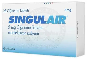 SINGULAIR 5 MG CIGNEME TABLETI (28 TABLET) (montelukast sodyum) kutu fotoğrafı, çiğneme tableti. Üretici: ORGANON TURKEY İLAÇLARI LİMİTED ŞİRKETİ.