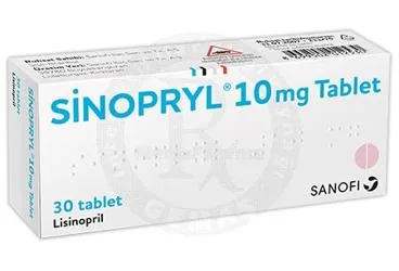 SINOPRYL 10 MG 30 TABLET (lisinopril) kutusu, tablet. Üretici: SANOFİ İLAÇ SANAYİ ve TİC. A.Ş.