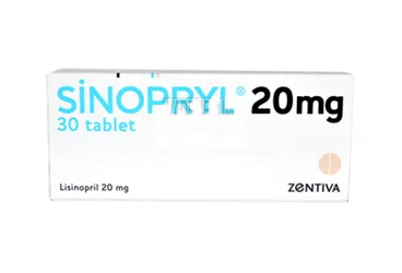 SINOPRYL 20 MG 20 TABLET kutu fotoğrafı. Lisinopril içeren tablet. Üretici: SANOFİ İLAÇ SANAYİ ve TİC. A.Ş.