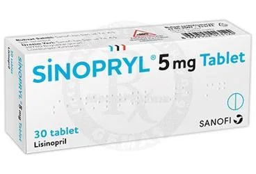 Lisinopril içeren tablet: SINOPRYL 5 MG 30 TABLET kutu fotoğrafı. Üretici: SANOFİ İLAÇ SANAYİ ve TİC. A.Ş.