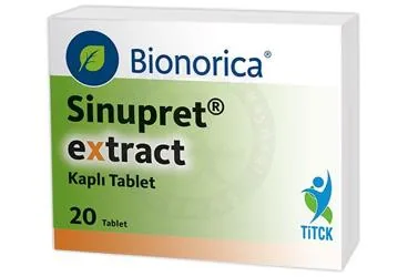 SINUPRET EXTRACT KAPLI TABLET (20 TABLET) ambalajı. Soğuk algınlığı kombinayon içeren tablet. Üretici: BİONORİCA İLAÇ TİCARET A.Ş.