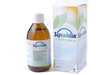 Siproheptadin hcl içeren şurup: SIPRAKTIN 2 MG/5 ML SURUP (240 ML) ürün ambalajı. Üretici: MENARİNİ SAĞLIK VE İLAÇ SANAYİ TİCARET ANONİM ŞİRKETİ.