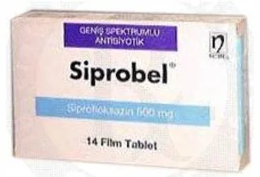 SIPROBEL 500 MG 14 FILM TABLET kutusu. Siprofloksasin içeren film kaplı tablet. Üretici: NOBEL İLAÇ SAN. VE TİC. A.Ş.