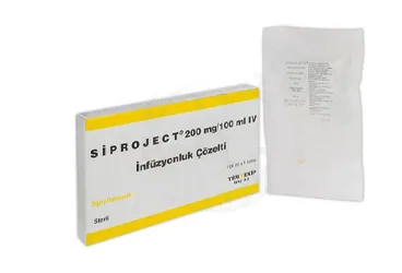 SIPROJECT 200 MG / 100 ML IV INFUZYONLUK COZELTI ürün ambalajı. Siprofloksasin içeren çözelti. Üretici: TÜM - EKİP İLAÇ A.Ş.