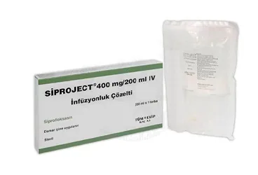 Siprofloksasin içeren çözelti: SIPROJECT 400 MG / 200 ML IV INFUZYONLUK COZELTI (1 ADET) ambalajı. Üretici: TÜM - EKİP İLAÇ A.Ş.