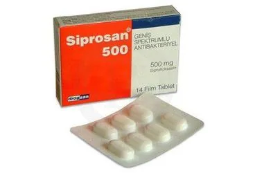 Siprofloksasin içeren film kaplı tablet: SIPROSAN 500 MG 14 FİLM TABLET kutu fotoğrafı. Üretici: DROGSAN İLAÇLARI SAN. VE TİC. A.Ş.