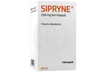 Trientin içeren kapsül: SIPRYNE 250 MG SERTKAPSUL (100 KAPSUL) kutu fotoğrafı. Üretici: TOBIO İLAÇ SANAYİ VE TİCARET ANONİM ŞİRKETİ.