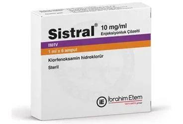 SISTRAL 10 MG/ML ENJEKSIYONLUK COZELTI 6 AMPUL (klorfenoksamin) ürün ambalajı, çözelti. Üretici: MENARİNİ SAĞLIK VE İLAÇ SANAYİ TİCARET ANONİM ŞİRKETİ.