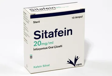 Kafein sitrat içeren çözelti: SITAFEIN 20 MG/ML INFUZYONLUK/ORAL COZELTI ürün ambalajı. Üretici: VEM İLAÇ SAN. VE TİC. ANONİM ŞİRKETİ.