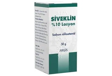 SIVEKLIN %10 LOSYON (50GR) kutusu. Etkin maddesi sülfasetamid -topikal. Üretici: ARGİS İLAÇ SANAYİ VE TİCARET ANONİM ŞİRKETİ.