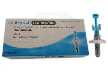 SKYRIZI 150 MG/ML ENJEKSIYONLUK COZELTI ICEREN KULLANIMA HAZIR ENJEKTOR kutusu. Risankizumab içeren çözelti. Üretici: ABBVİE TIBBİ İLAÇLAR SANAYİ VE TİCARET LİMİTED ŞİRKETİ.