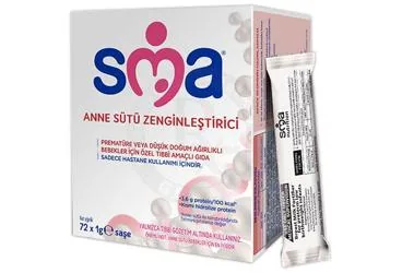 SMA ANNE SUTU ZENGINLESTIRICI 72X1 G SASE ambalajı. Tibbi amacli mama içeren saşe. Üretici: NESTLE TÜRKİYE GIDA SANAYİ ANONİM ŞİRKETİ.