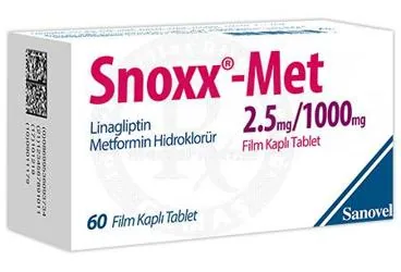Metformin + linagliptin içeren film kaplı tablet: SNOXX-MET 2.5 MG/1000 MG FILM KAPLI TABLET ürün ambalajı. Üretici: SANOVEL İLAÇ SANAYİ VE TİCARET ANONİM ŞİRKETİ.