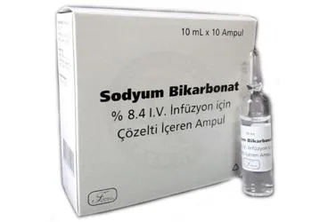 Sodyum bikarbonat içeren çözelti: SODYUM BIKARBONAT %8,4 IV INFUZYON ICIN COZELTI ICEREN 10 AMPUL ürün ambalajı. Üretici: FARMALAS İLAÇ SAN. VE TİC. LTD. ŞTİ.