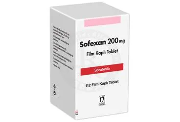 SOFEXAN 200 MG FILM KAPLI TABLET kutusu. Sorafenib içeren film kaplı tablet. Üretici: NOBEL İLAÇ SAN. VE TİC. A.Ş.