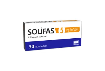 SOLIFAS 5 MG 30 FILM TABLET ambalajı. Solifenasin süksinat içeren film kaplı tablet. Üretici: BİOFARMA İLAÇ SANAYİ VE TİCARET A.Ş.