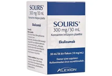 SOLIRIS 300 MG/30 ML KONSANTRE INFUZYON COZELTISI (1 FLAKON) kutusu, çözelti formunda ekulizumab içerir. Üretici: ALEXİON İLAÇ TİCARET LİMİTED ŞİRKETİ.