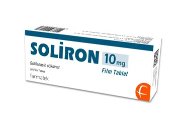 SOLIRON 10 MG 30 FILM TABLET (solifenasin süksinat) ambalajı, film kaplı tablet. Üretici: FARMA-TEK İLAÇ SANAYİ VE TİCARET A.Ş.