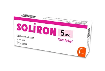SOLIRON 5 MG 30 FILM TABLET ambalajı. Solifenasin süksinat içeren film kaplı tablet. Üretici: FARMA-TEK İLAÇ SANAYİ VE TİCARET A.Ş.