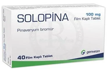 Pinaveryum bromür içeren film kaplı tablet: SOLOPINA 100 MG FILM KAPLI TABLET (40 TABLET) kutusu. Üretici: GENVEON İLAÇ SANAYİ VE TİCARET ANONİM ŞİRKETİ.