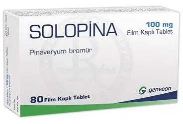 SOLOPINA 100 MG FILM KAPLI TABLET (80 TABLET) kutu fotoğrafı. Pinaveryum bromür içeren film kaplı tablet. Üretici: GENVEON İLAÇ SANAYİ VE TİCARET ANONİM ŞİRKETİ.